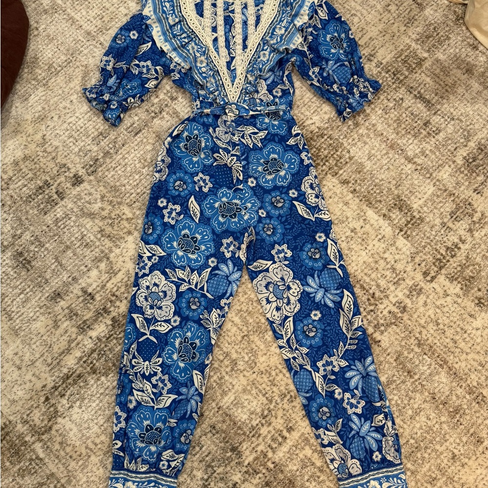FARM Rio Blue and White Floral Jumpsuit with V-Neck